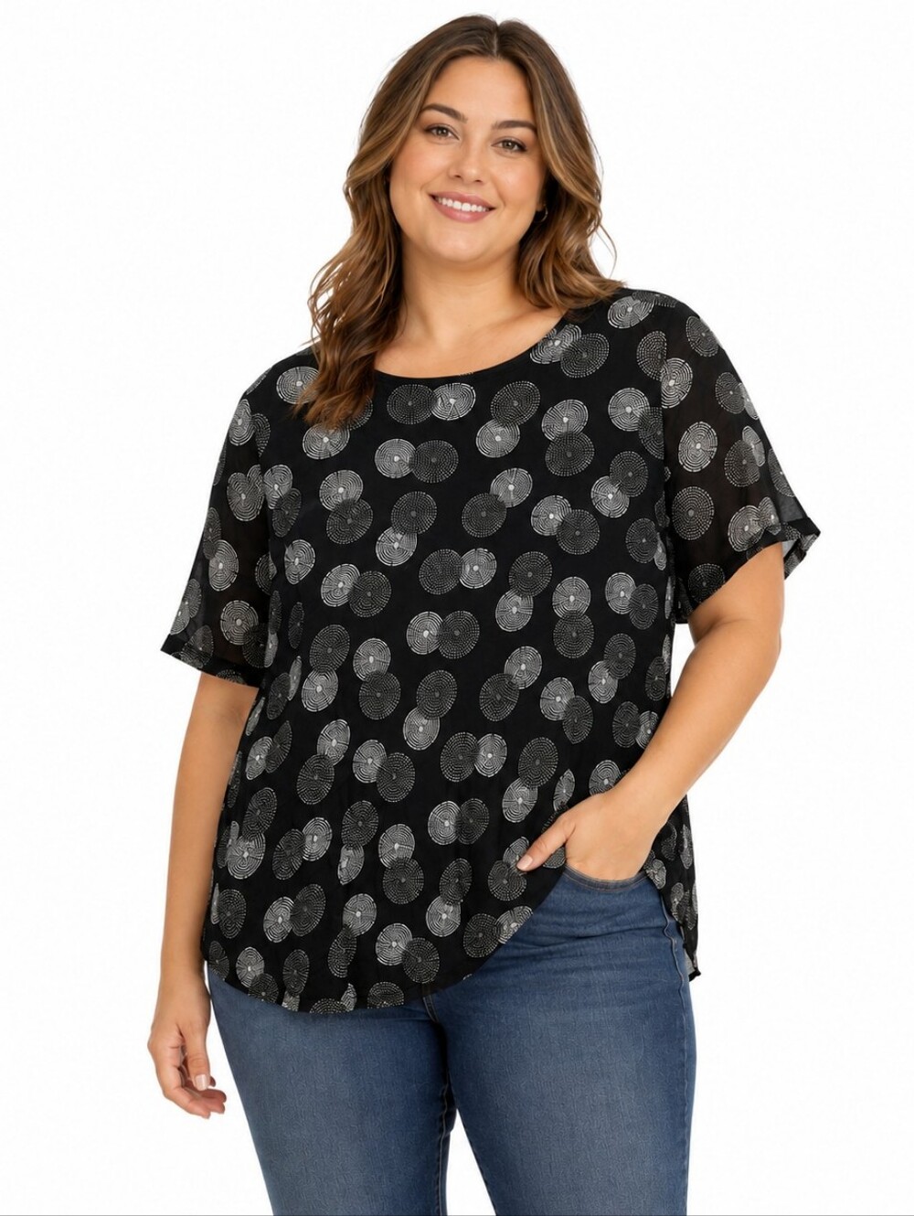 VTG Black Silver Dotted Circle Geometric Top Slinky Knit 2X